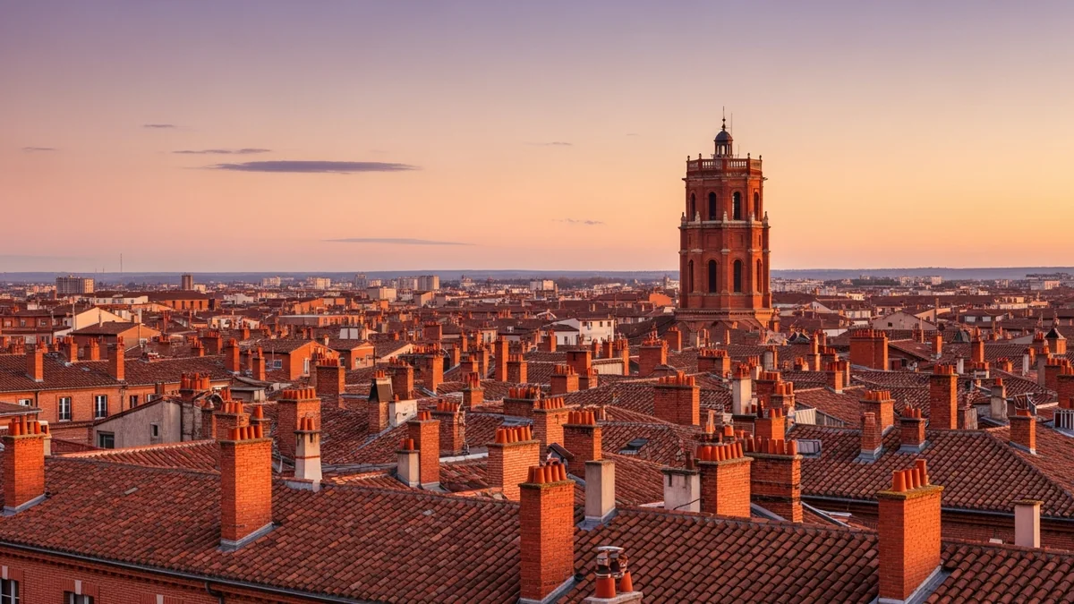 Panorama des toits de Toulouse au crépuscule, étendue de tuiles canal en terre cuite et de cheminées de brique rose, haut clocher octogonal de brique se détachant au loin, ciel violet et ambre après le coucher du soleil