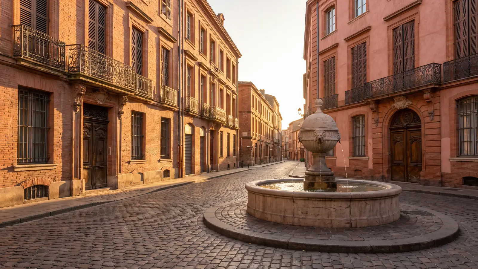 Calle histórica de Toulouse, flanqueada por fachadas de ladrillo rosa