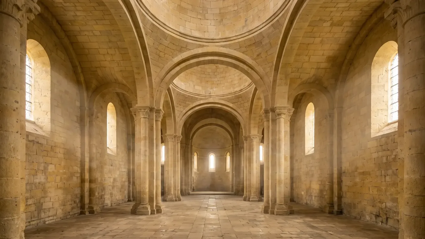 Nave estrecha y alta, coronada por cúpulas sobre pendentivos de piedra dorada, de estilo románico del Périgord, con un ambiente austero