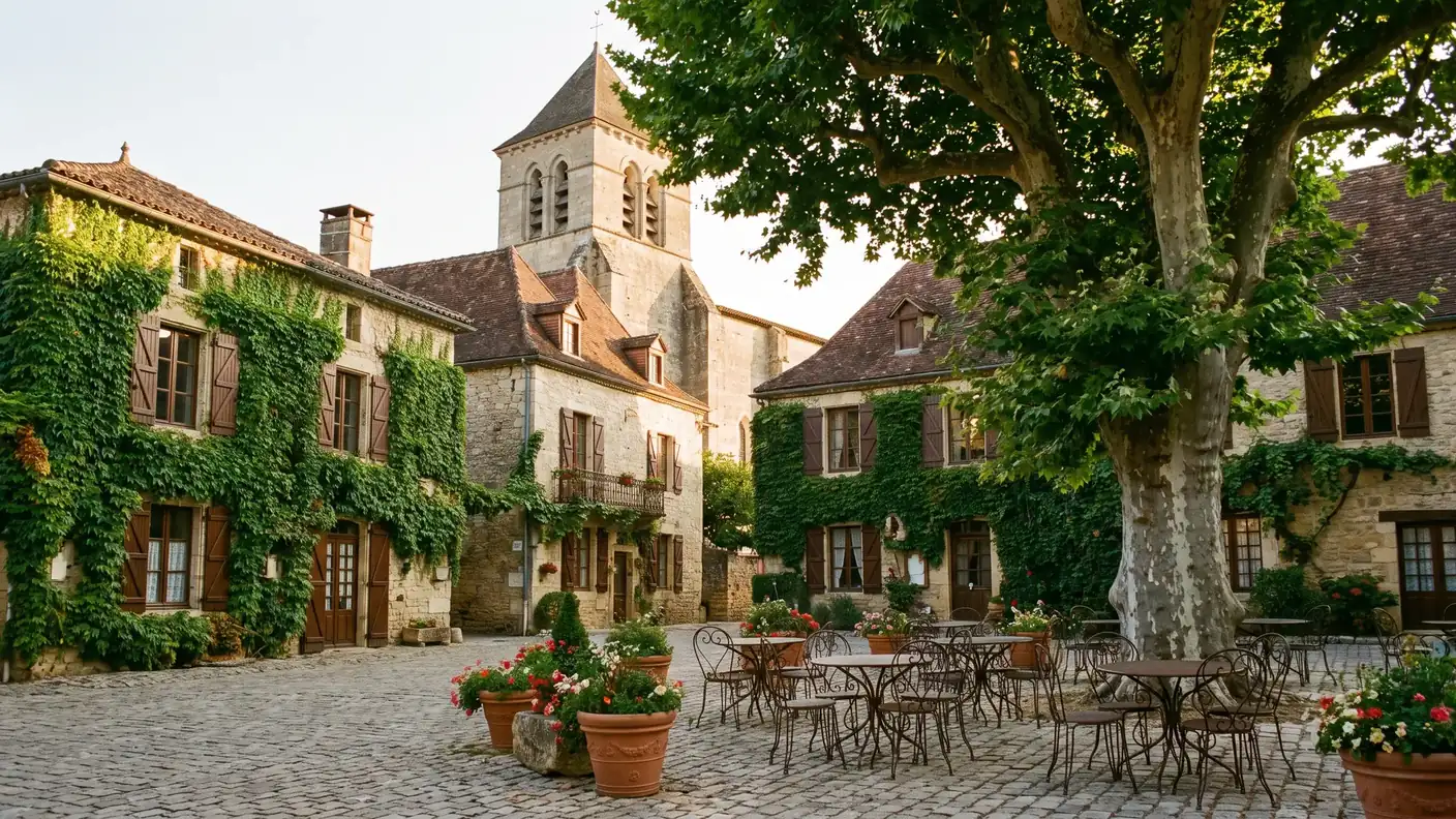 Plaza del pueblo de Trémolat, frente a la iglesia de San Nicolás