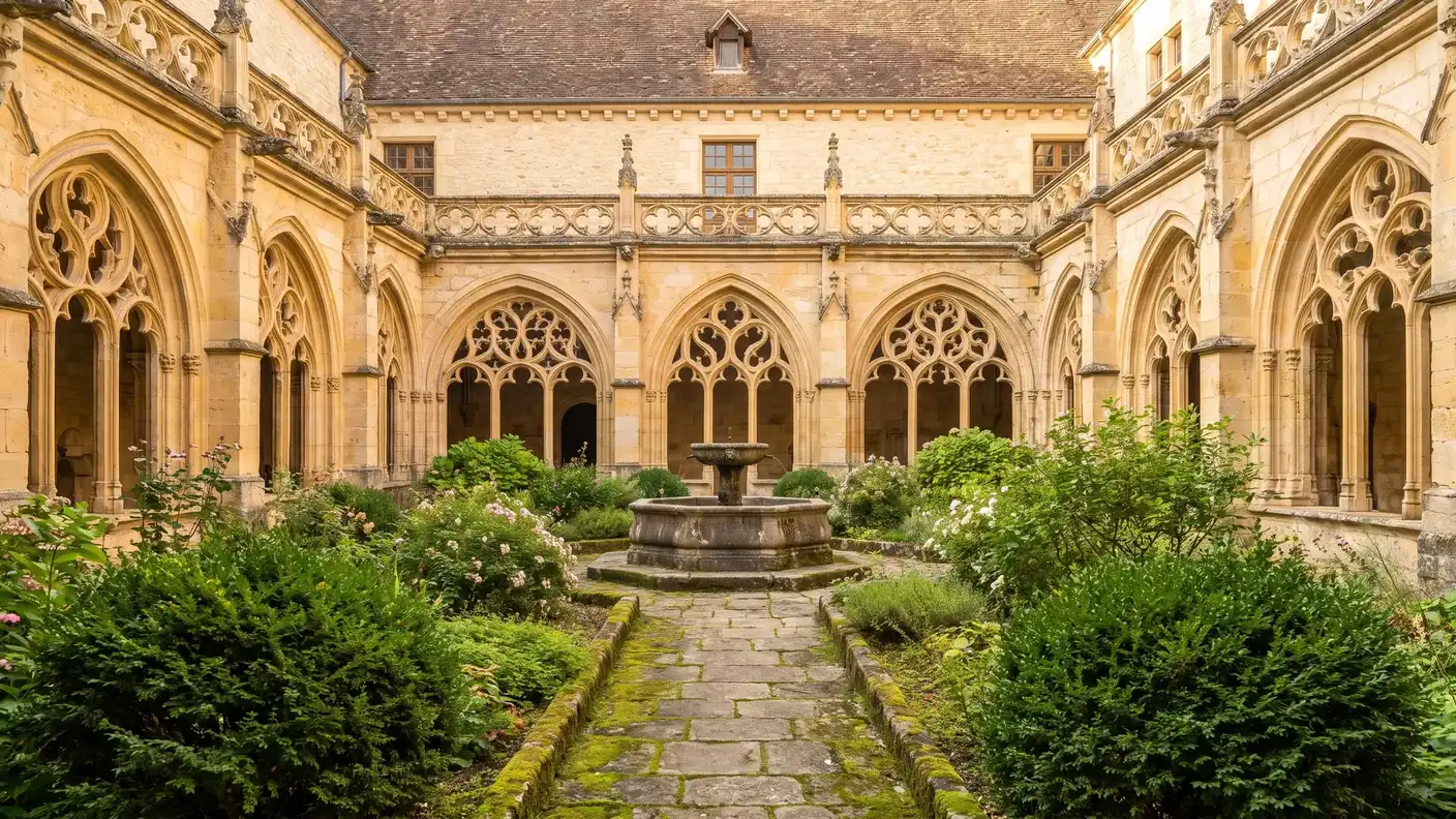 Claustro gótico flamígero con arcadas finamente esculpidas que rodean un jardín, piedra dorada, abadía de Cadouin