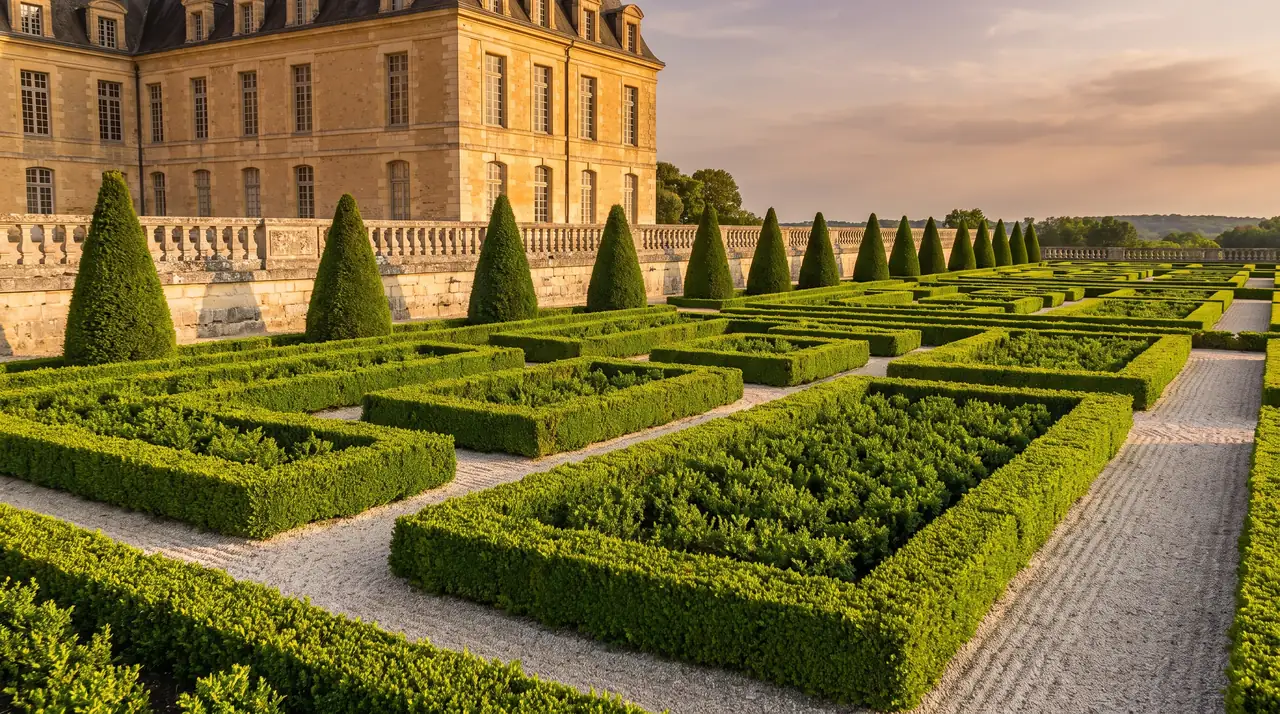 Parterres de jardín a la francesa con bojes podados y senderos de grava frente a un castillo de piedra clara en Vayres