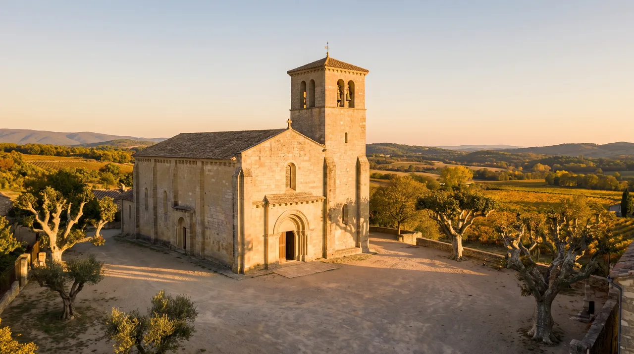 Pequeña iglesia románica de piedra clara con campanario cuadrado y portal arqueado en Vayres, con una plaza cubierta de hierba y árboles centenarios