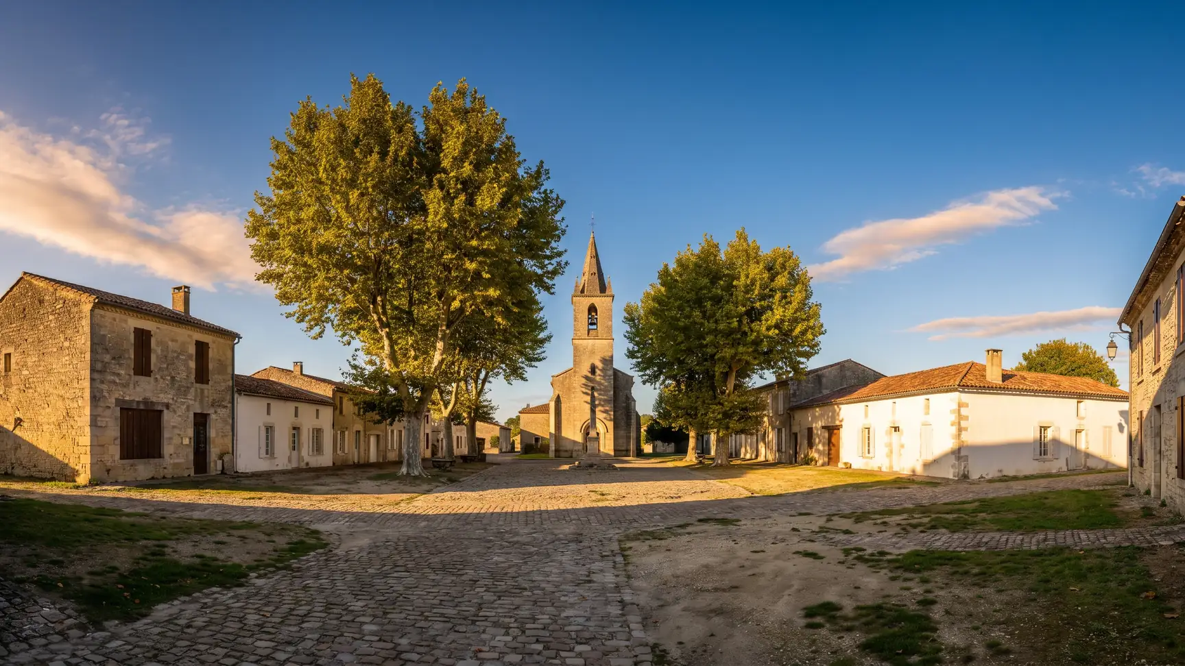 Una modesta iglesia de piedra con un campanario esbelto y casas bajas típicas del Médoc que rodean una plaza a la sombra de los plátanos
