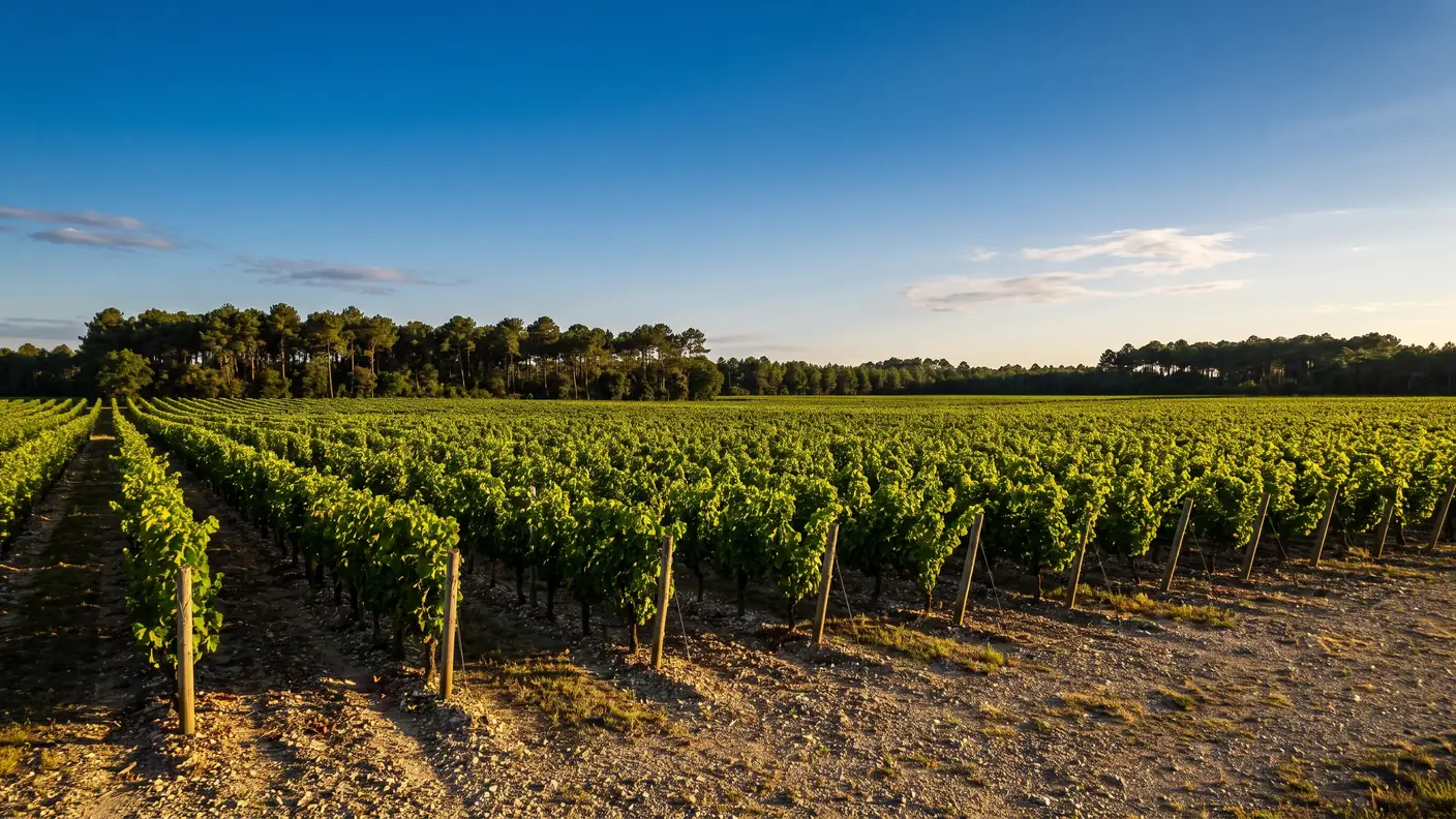 Filas de viñas verdes del Médoc sobre suelo de grava, con el oscuro límite del bosque de pinos cerrando el horizonte