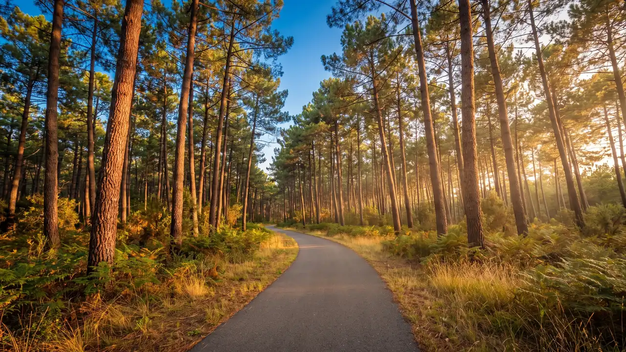 Un carril bici desierto que serpentea entre los altos pinos marítimos del bosque del Médoc, bajo una luz dorada