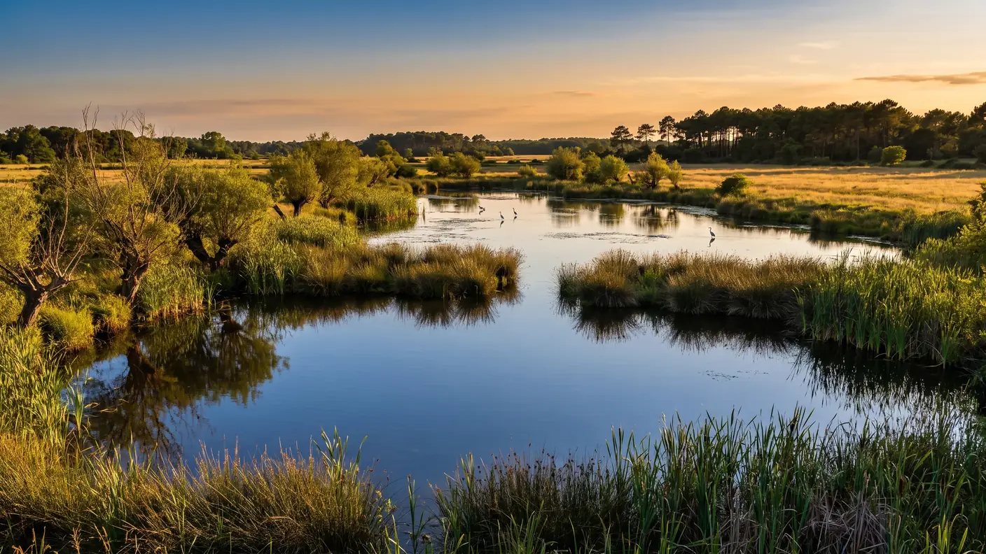 Un tranquilo pantano del Médoc con aguas tranquilas bordeadas de juncos, algunas aves zancudas en la lejanía, praderas y pinos