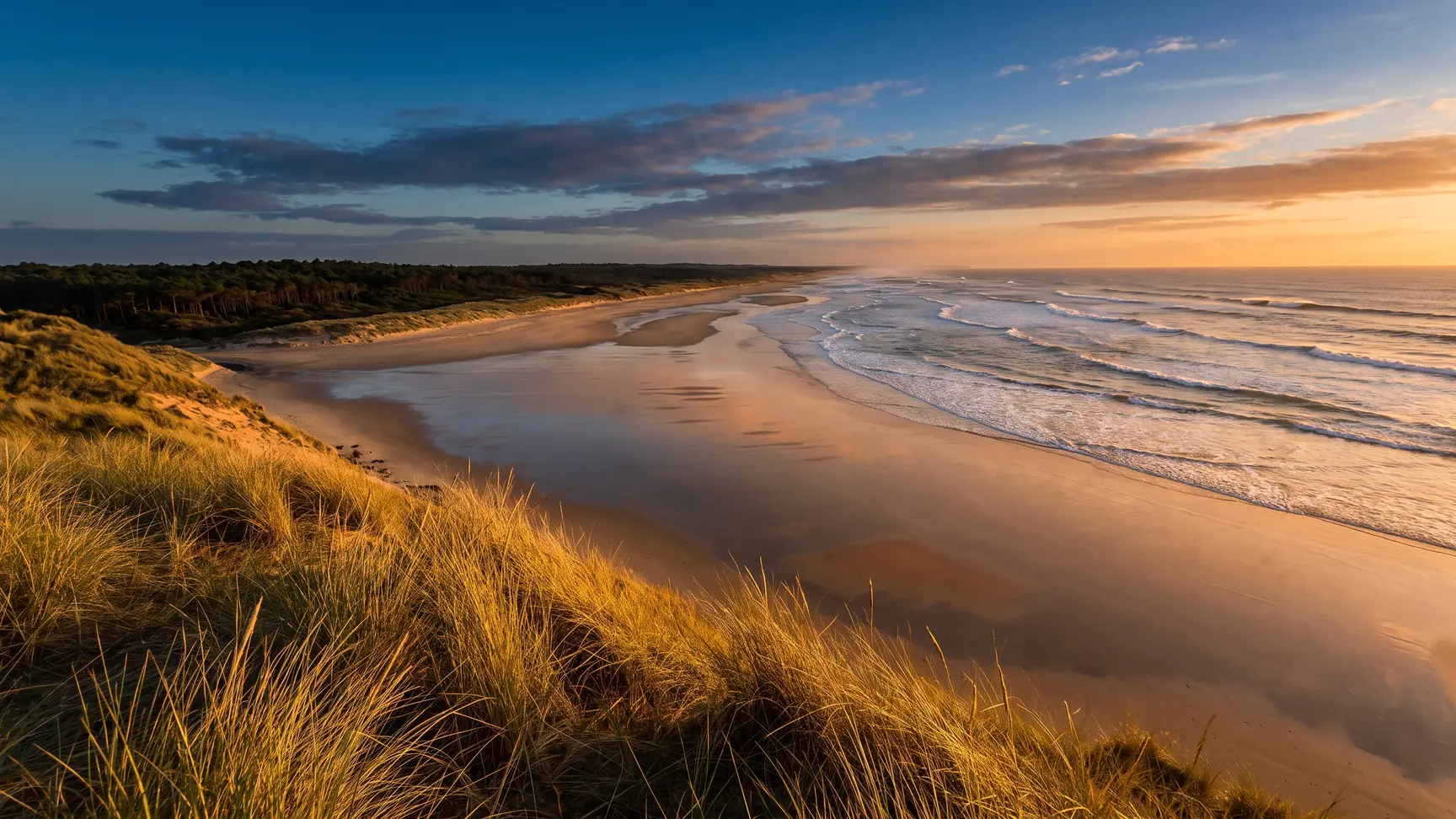 La costa del Médoc vista desde una alta duna, una inmensa playa de arena bañada por la marea y un bosque de pinos que se extiende hasta donde alcanza la vista
