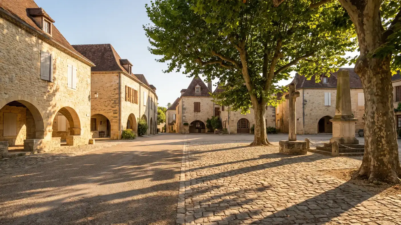 Plaza central de Verteillac, monumento a los caídos y casas de piedra