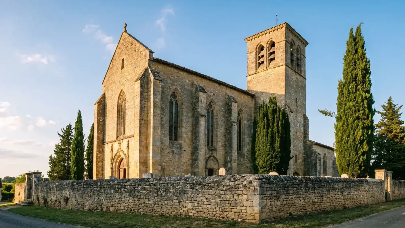 Iglesia de piedra de Verteillac, con nave con contrafuertes y campanario cuadrado