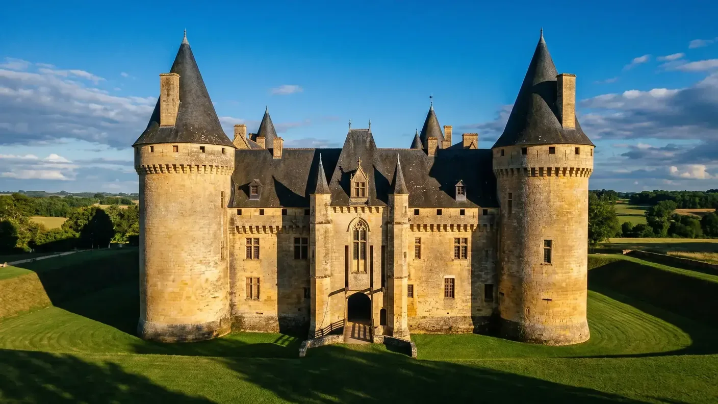 Castillo de Mareuil, en Dordoña, con torres redondas y una puerta de entrada gótica