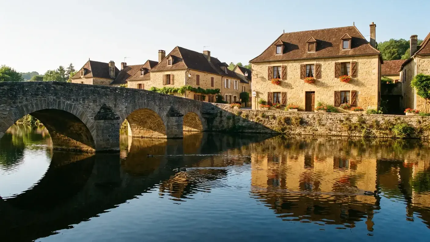 El puente y el pueblo de Vieux-Mareuil en el Périgord Vert (Dordoña) — destino del traslado privado Burdeos → Vieux-Mareuil