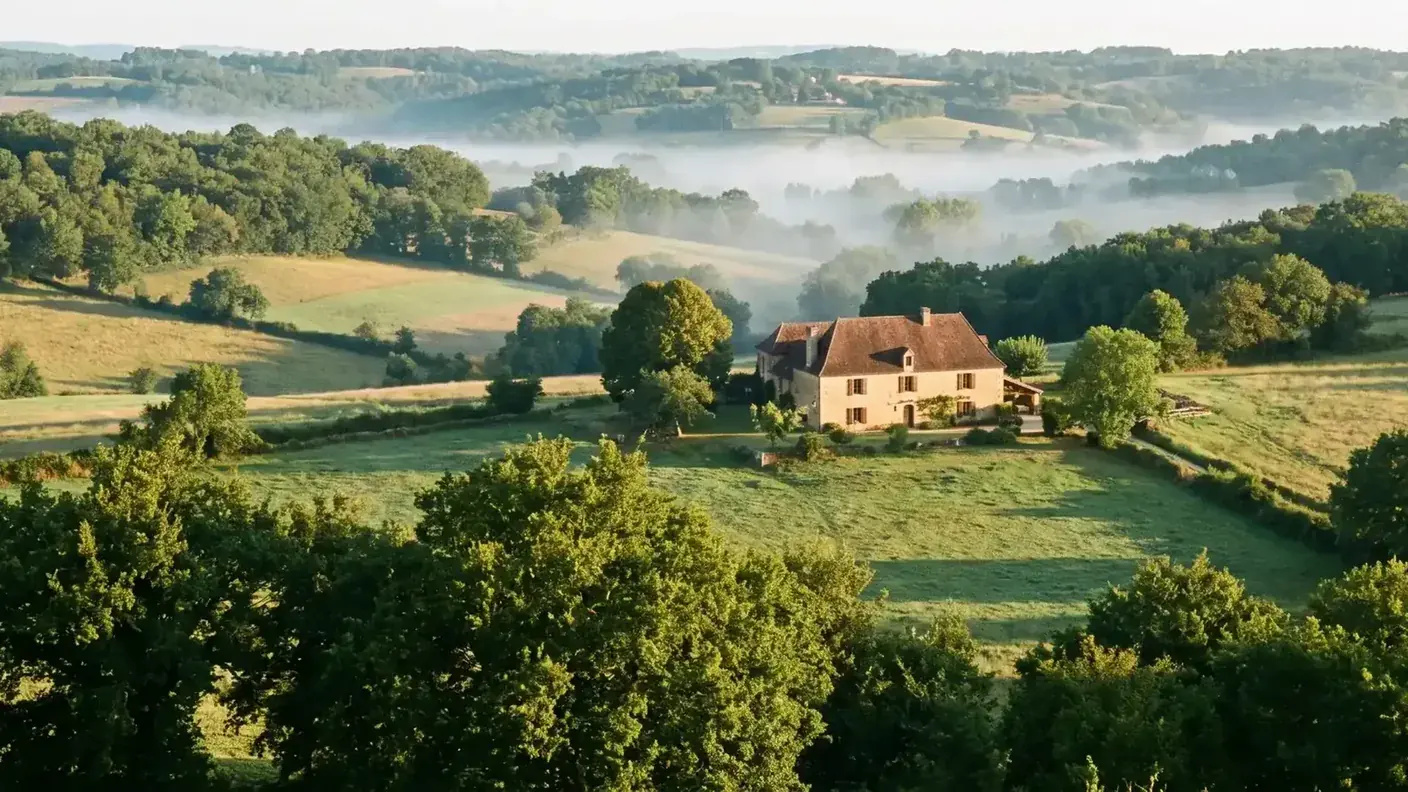 Paisaje de setos y granjas de piedra en los alrededores de Vieux-Mareuil