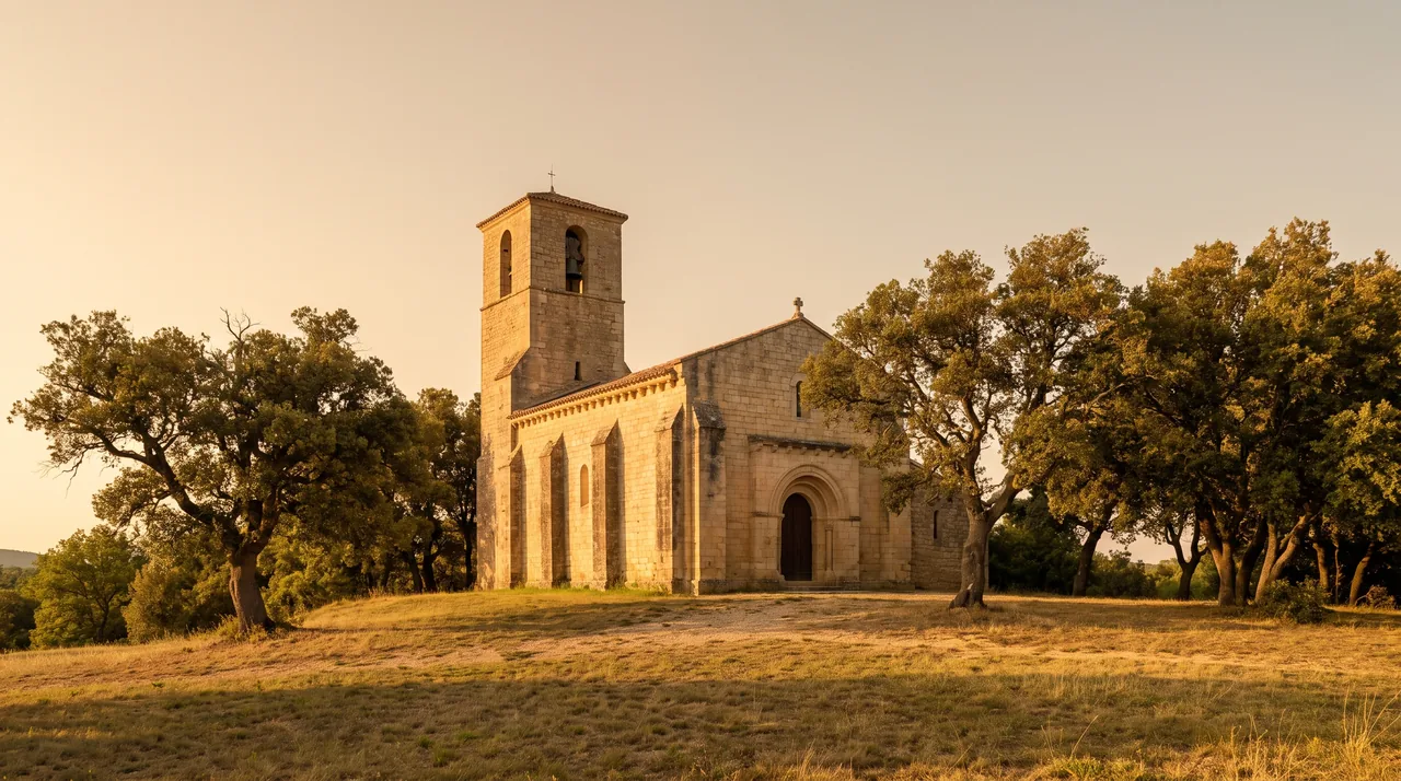 Pequeña iglesia románica de piedra clara con campanario cuadrado y contrafuertes cerca de Villenave-de-Rions, árboles centenarios, luz cálida