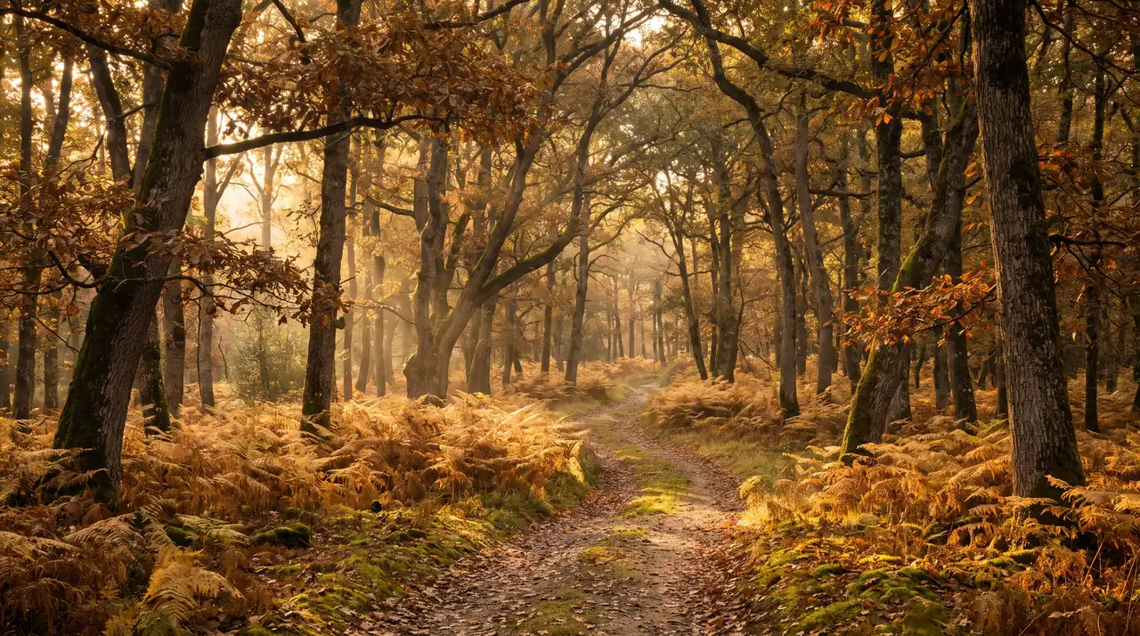 Bosques de robles y castaños cerca de Villenave-de-Rions, bañados por una luz cálida, con un tapiz de helechos y un sendero