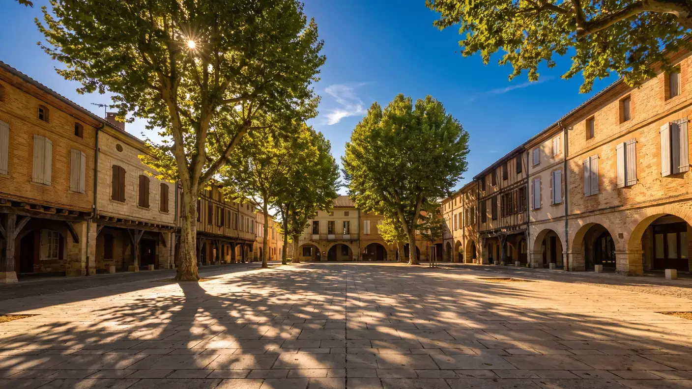 La plaza Lafayette de Villeneuve-sur-Lot, una plaza cubierta y con arcadas, flanqueada por casas de ladrillo ocre