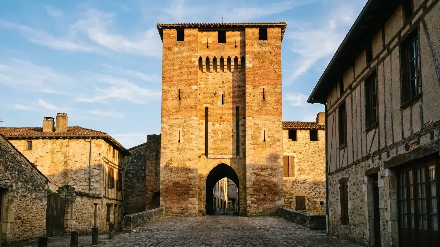 La Puerta de París en Villeneuve-sur-Lot, una alta torre-puerta medieval de ladrillo y piedra con almenas