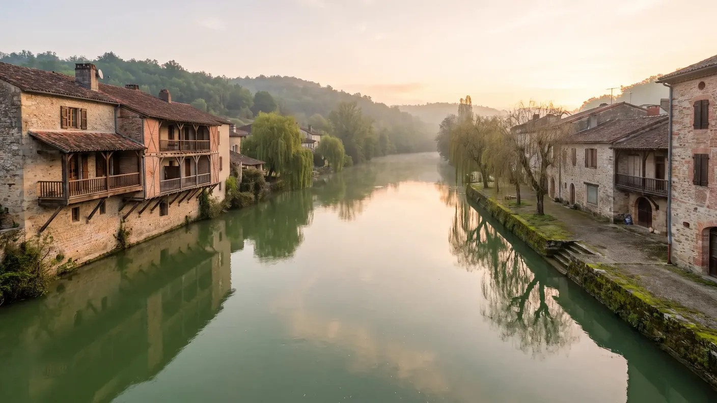 El río Lot atraviesa Villeneuve-sur-Lot, con casas de piedra y ladrillo que se asoman a los muelles