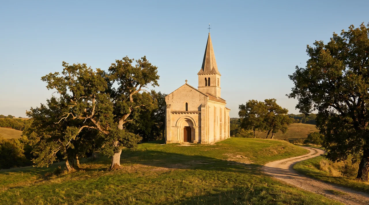 Iglesia románica de pueblo, construida en piedra clara, con una esbelta aguja y un pórtico redondeado en Virsac, bajo la cálida luz del atardecer