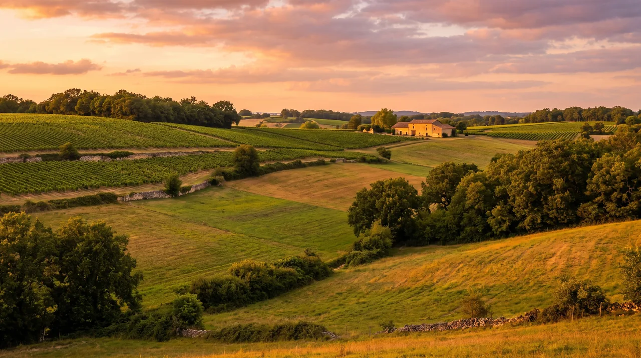 Campiña ondulada de Cubzaguais, cerca de Virsac, al atardecer: viñedos, campos, setos y una granja de piedra a lo lejos