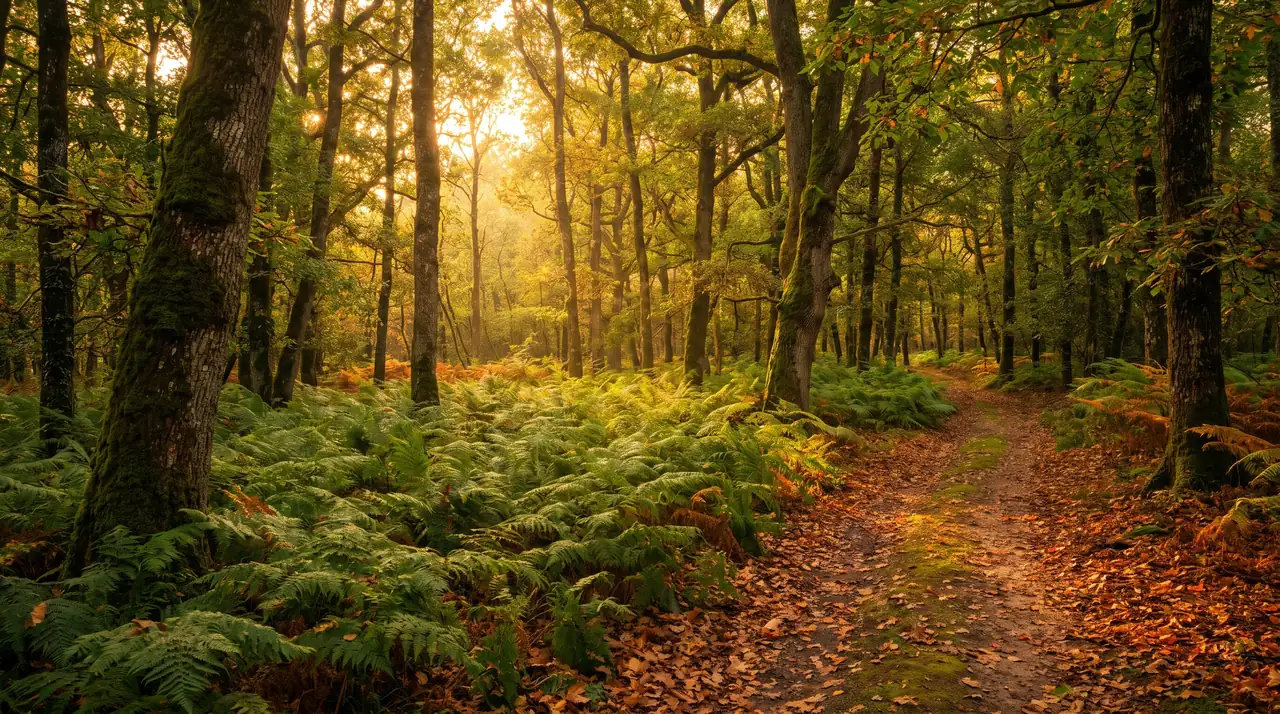 Bosques de robles y castaños cerca de Virsac, bañados por una luz cálida, con un tapiz de helechos y un sendero entre los troncos