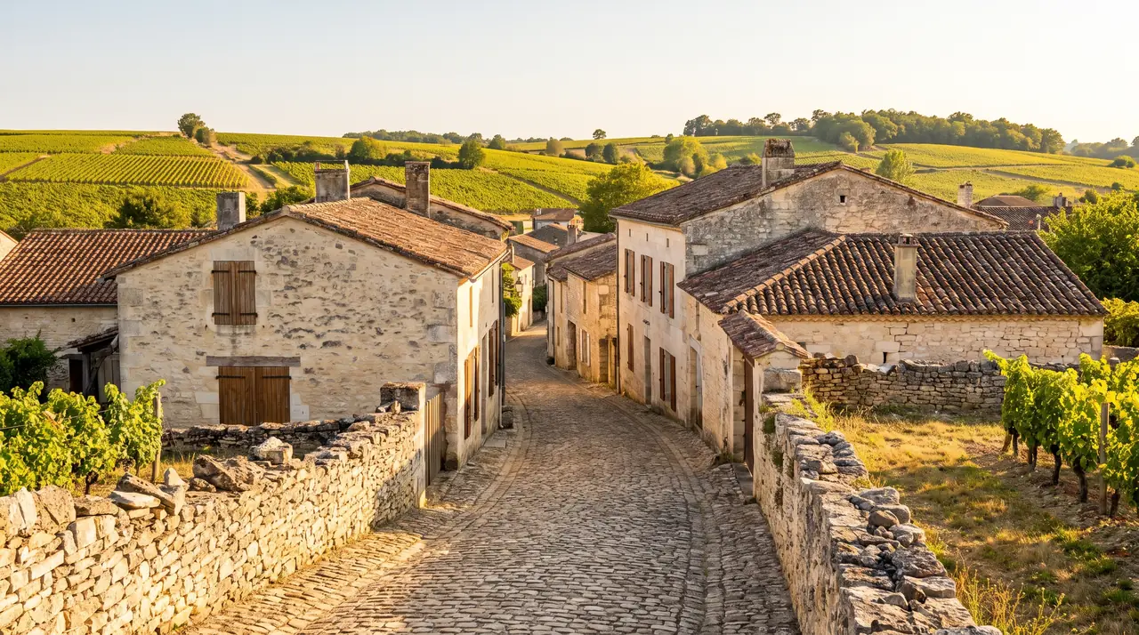 Callejuela tranquila de una aldea de piedra cerca de Virsac, casas luminosas con contraventanas y tejados de tejas, sin coches