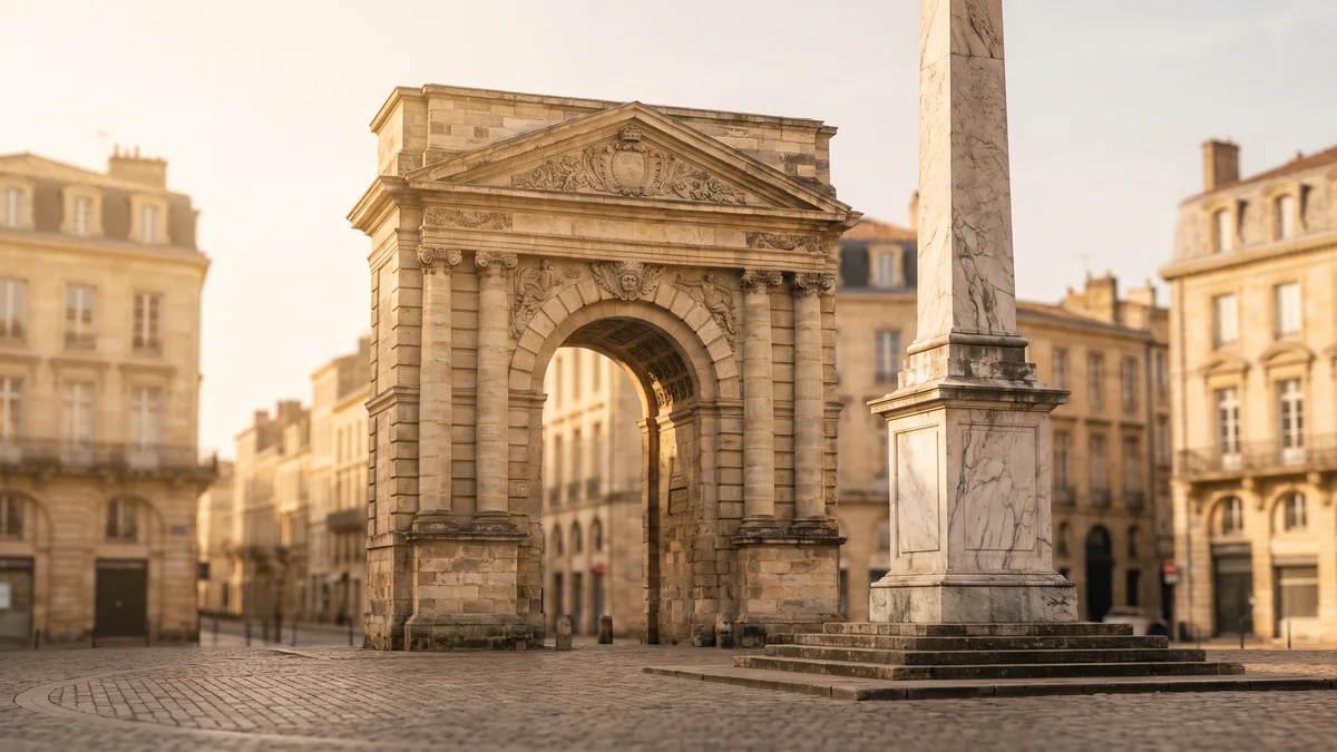 Puerta de Aquitania, en la plaza de la Victoire de Burdeos, vista desde un coche particular