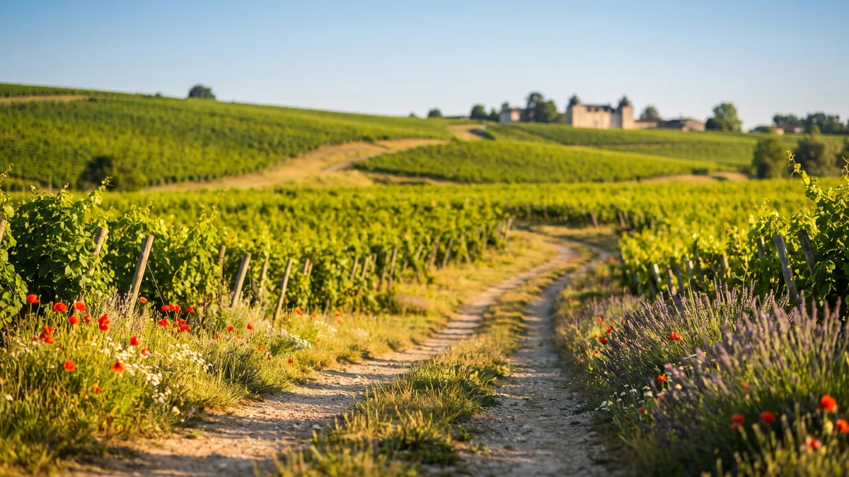 A lush vineyard in the Bordeaux region in the spring under a clear sky