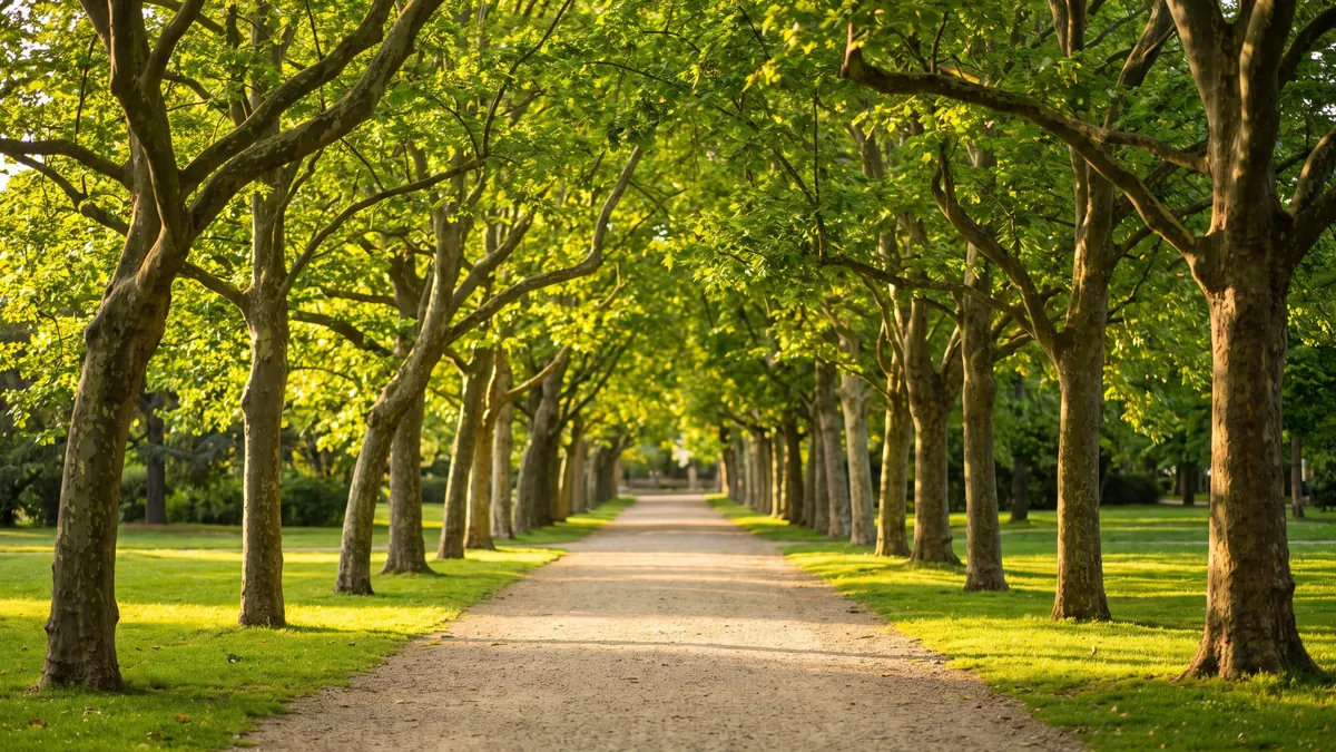 A tree-lined avenue lined with plane trees in a park in Bordeaux, a symbol of sustainable mobility and urban green spaces