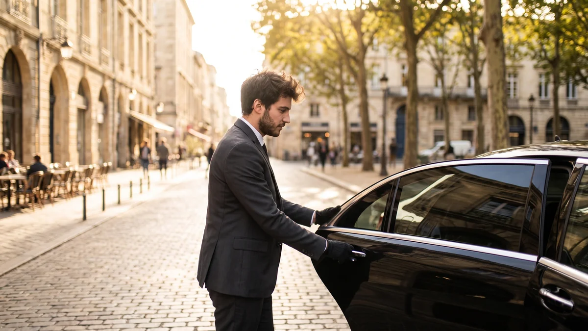 Conductor de un servicio de transporte con conductor, vestido con traje, dando la bienvenida a un pasajero delante de una berlina en Burdeos