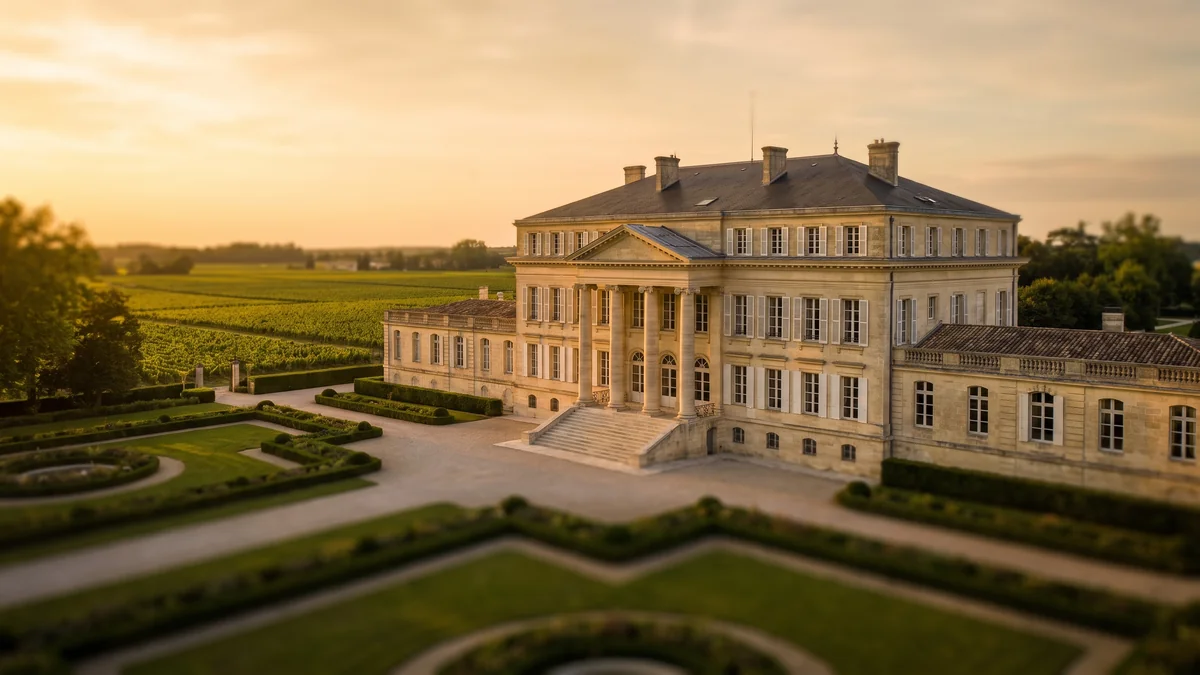 Furgoneta premium Clase V frente a un gran castillo protegido del Médoc para una ruta enológica de prestigio