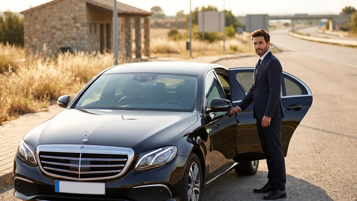 A private driver in a suit opening the door of a black private-hire sedan in Bordeaux