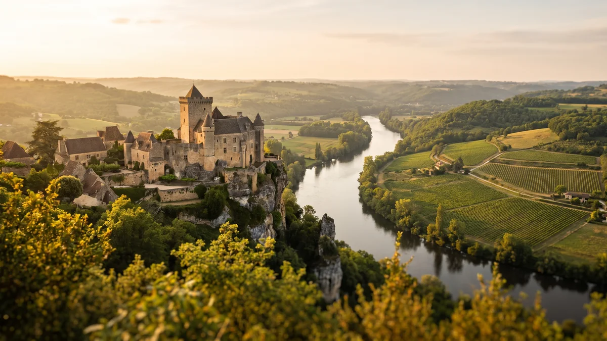 A medieval castle in the Périgord Noir region overlooking the Dordogne Valley