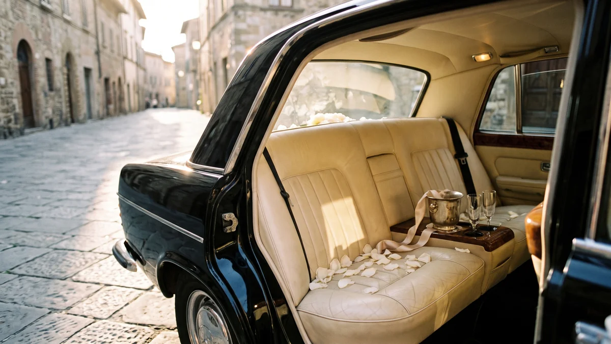 Interior de un coche de boda con pétalos sobre el asiento trasero en Burdeos