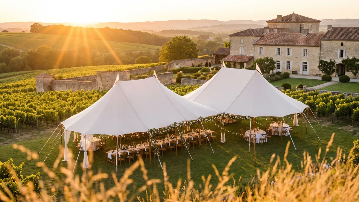 Fiestas de boda frente a una finca vinícola donde se celebra el banquete, cerca de Saint-Émilion