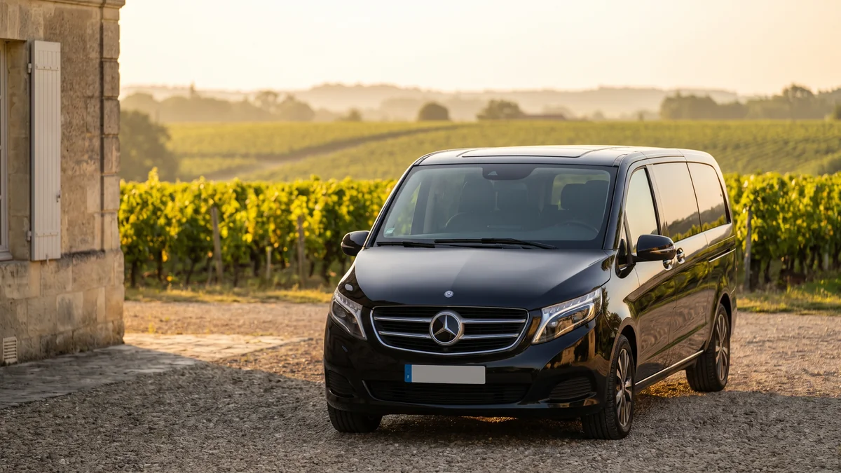 A van with a driver in front of a wine château in the Bordeaux wine region during a wine tasting