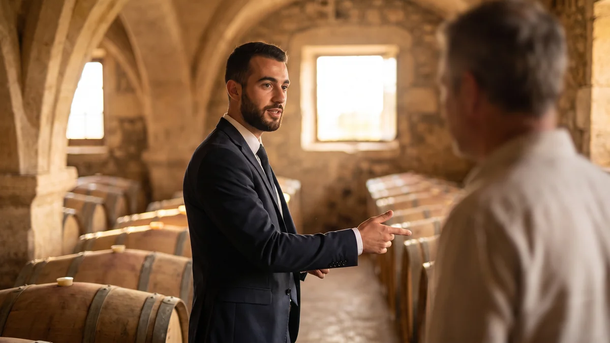 A personal driver waiting in a barrel cellar at a château in the Bordeaux wine region
