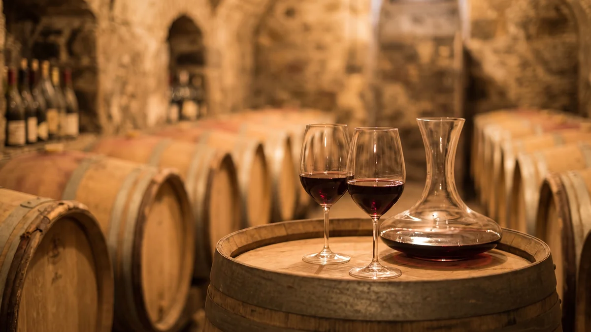 Red wine tasting from glasses placed on a barrel in a Bordeaux wine cellar