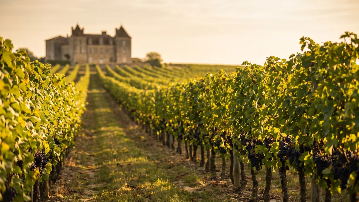 Rows of vineyards in the Médoc bathed in the golden light of sunset near Bordeaux