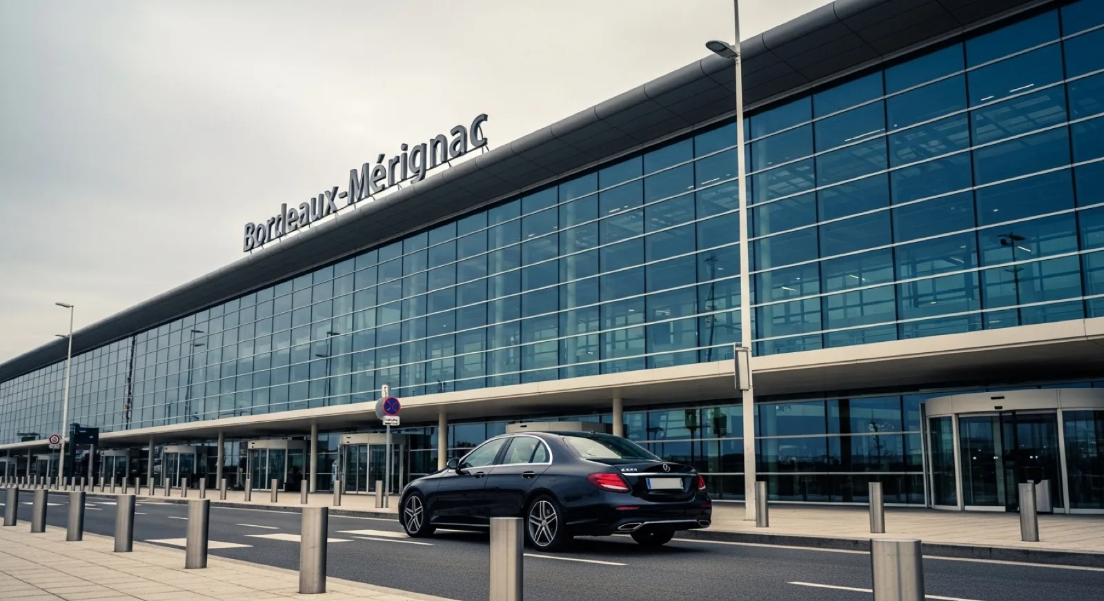 Servicio de traslado con conductor profesional al aeropuerto de Burdeos-Mérignac — Mercedes Clase C negro frente a la terminal