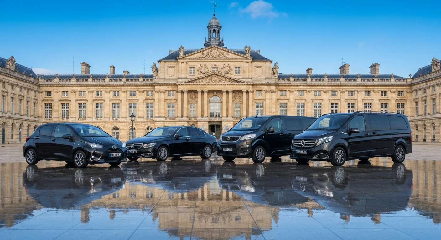 Flota del servicio de conductor privado de Burdeos: Toyota Yaris (Eco), Mercedes Clase C (berlina), Peugeot Traveller (Van Eco), Mercedes Clase V (Van Mercedes) — en el Miroir d'Eau, frente a la Place de la Bourse